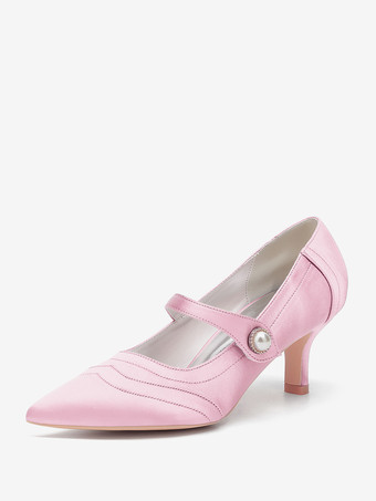 ピンクアイボリーのウェディングシューズ サテンのポインテッドトゥ ヴィンテージ メリージェーン ブライダルシューズ