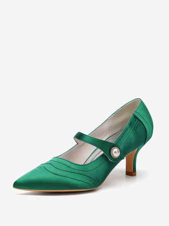 グリーン アイボリーのウェディングシューズ サテンのポインテッドトゥ ヴィンテージ メリージェーン ブライダルシューズ