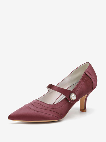 ワインレッド アイボリーのウェディングシューズ サテンのポインテッドトゥ ヴィンテージ メリージェーン ブライダルシューズ