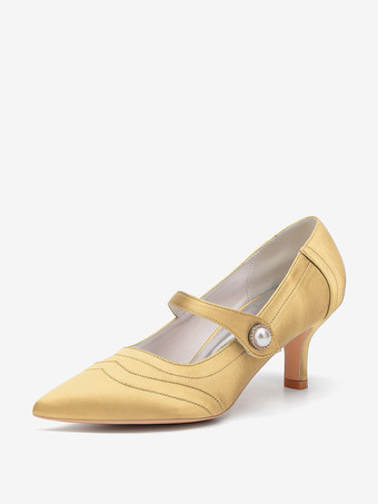 ゴールド アイボリーのウェディングシューズ サテンのポインテッドトゥ ヴィンテージ メリージェーン ブライダルシューズ