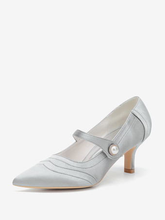 シルバー アイボリーのウェディングシューズ サテンのポインテッドトゥ ヴィンテージ メリージェーン ブライダルシューズ