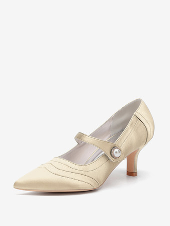 シャンパンカラーアイボリーのウェディングシューズ サテンのポインテッドトゥ ヴィンテージ メリージェーン ブライダルシューズ