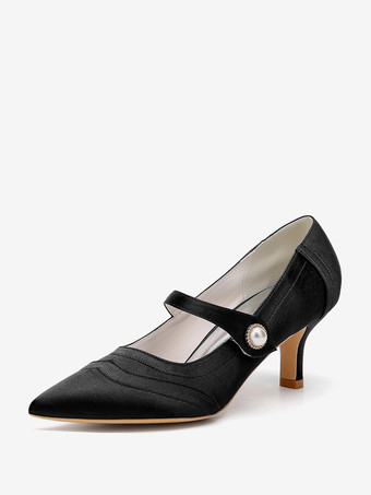 ブラック アイボリーのウェディングシューズ サテンのポインテッドトゥ ヴィンテージ メリージェーン ブライダルシューズ