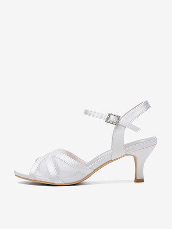 アイボリーウェディングシューズ サテンメッシュ オープントゥ キトンヒール ブライダルウェディングゲストシューズ