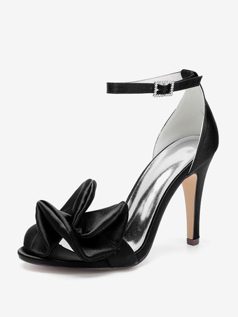 noir Chaussures de demoiselle d'honneur à talons hauts bout ouvert détails froncés bride à la cheville chaussures de fête de mariage