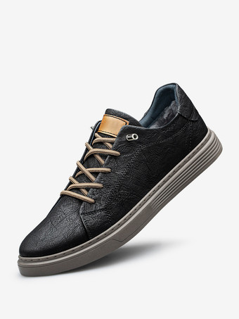 ブラック メンズスニーカー 快適なレザー ラウンドトゥ