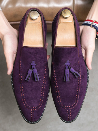 パープル メンズ用タッセルローファーシューズ ラウンドトゥ マイクロスエードアッパーシューズ
