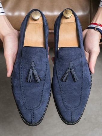 メンズ用タッセルローファーシューズ ラウンドトゥ マイクロスエードアッパーシューズ