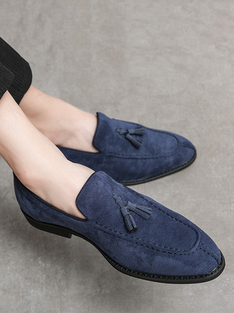 メンズ用タッセルローファーシューズ ラウンドトゥ マイクロスエードアッパーシューズ