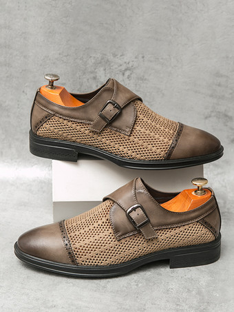 ブラウンラウンドトゥ PUレザー メンズ モンクローファーシューズ