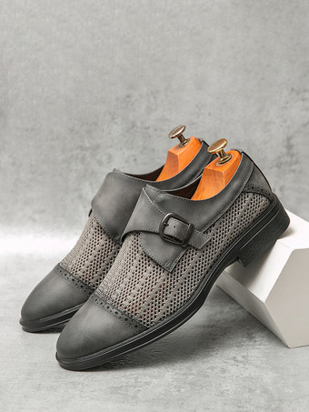 ダークグレー ラウンドトゥ PUレザー メンズ モンクローファーシューズ