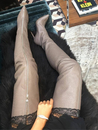 Deep ApricotBlack Thigh High Boots Pointy Toe Zip Up Stone Pattern High Heel Over The Knee Boots