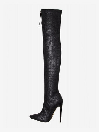 Black Black Thigh High Boots Pointy Toe Zip Up Stone Pattern High Heel Over The Knee Boots
