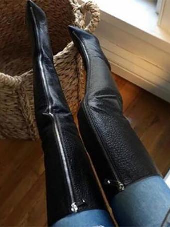 Black Thigh High Boots Pointy Toe Zip Up Stone Pattern High Heel Over The Knee Boots