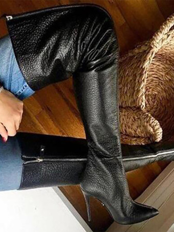 Black Thigh High Boots Pointy Toe Zip Up Stone Pattern High Heel Over The Knee Boots