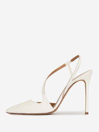 ホワイト ゴールドハイヒール ポインテッドトゥ ストラップ スリングバック パーティーシューズ レディース