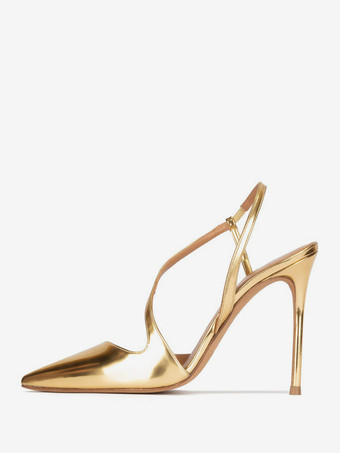 ゴールド ゴールドハイヒール ポインテッドトゥ ストラップ スリングバック パーティーシューズ レディース
