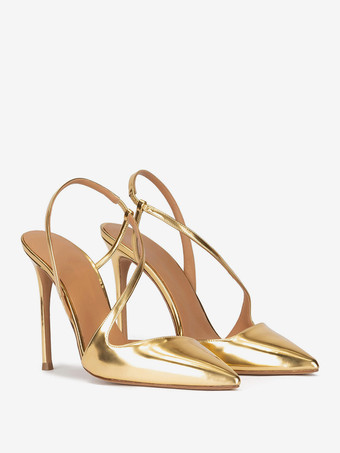 ゴールドハイヒール ポインテッドトゥ ストラップ スリングバック パーティーシューズ レディース