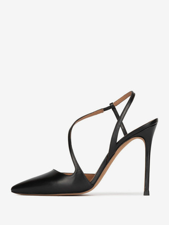 ブラック ゴールドハイヒール ポインテッドトゥ ストラップ スリングバック パーティーシューズ レディース