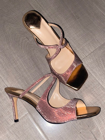 Rosa Pantoletten mit hohem Absatz und Metallic-Optik Riemchen-Partyschuhe