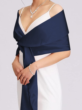 ダークネイビーウェディングラップ シルバーショール サテン生地 ブライダルカバーアップ