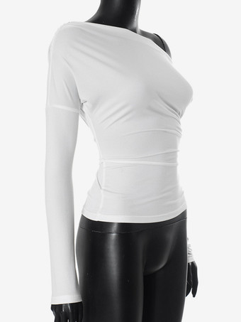 Top monospalla arricciato manica lunga primavera T-shirt bianca per donna 2026