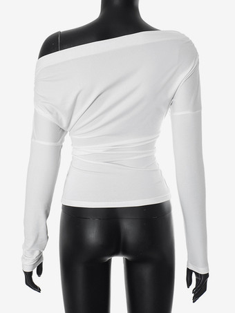 Top monospalla arricciato manica lunga primavera T-shirt bianca per donna 2026