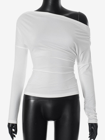 Top monospalla arricciato manica lunga primavera T-shirt bianca per donna 2026