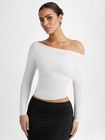 Top monospalla arricciato manica lunga primavera T-shirt bianca per donna 2026