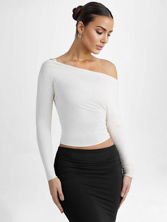 Top monospalla arricciato manica lunga primavera T-shirt bianca per donna 2026