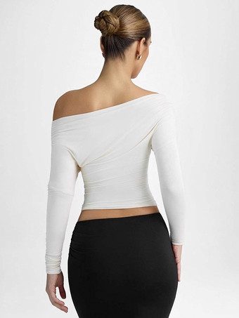 Top monospalla arricciato manica lunga primavera T-shirt bianca per donna 2026