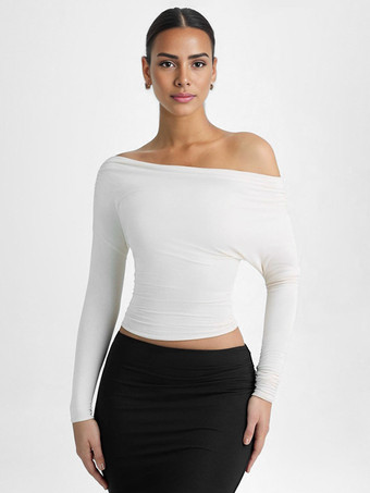 Bianco Top monospalla arricciato manica lunga primavera T-shirt bianca per donna 2026