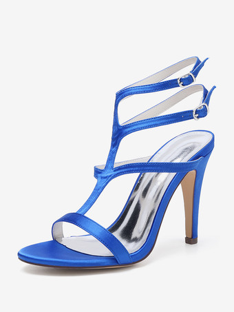 ブルー サテンのウェディングシューズ オープントゥ ストラップ付きハイヒール ブライズメイドシューズ