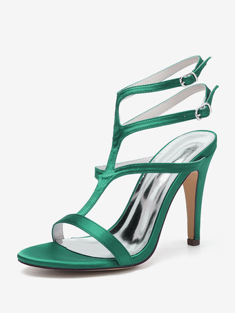 グリーン サテンのウェディングシューズ オープントゥ ストラップ付きハイヒール ブライズメイドシューズ