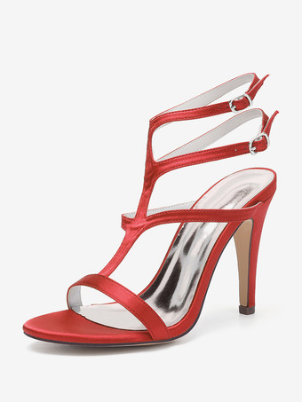 レッド サテンのウェディングシューズ オープントゥ ストラップ付きハイヒール ブライズメイドシューズ