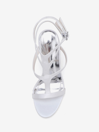 サテンのウェディングシューズ オープントゥ ストラップ付きハイヒール ブライズメイドシューズ