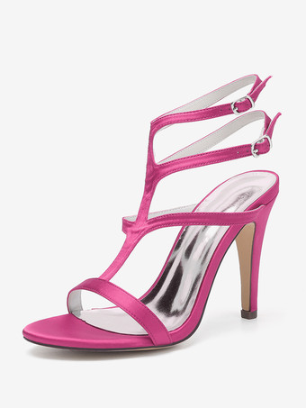 ローズレッドサテンのウェディングシューズ オープントゥ ストラップ付きハイヒール ブライズメイドシューズ