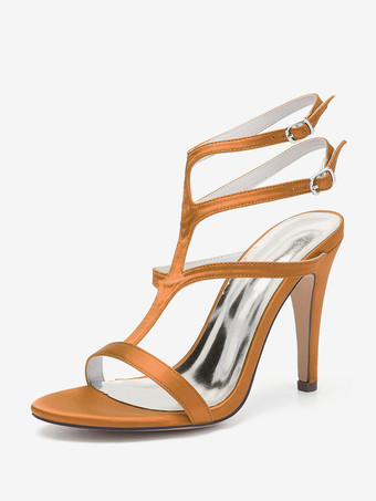 オレンジ サテンのウェディングシューズ オープントゥ ストラップ付きハイヒール ブライズメイドシューズ