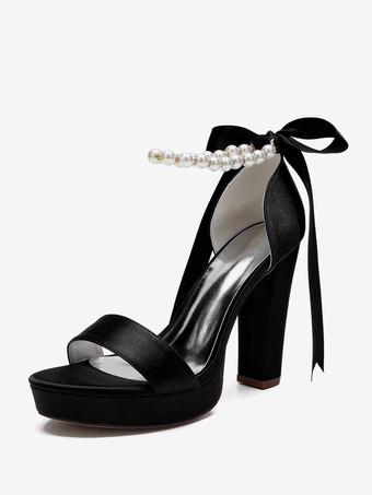 ブラック ハイヒール ウェディングシューズ プラットフォーム パール レースアップ ボウ アンクルストラップ パーティーシューズ
