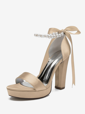 シャンパンカラーハイヒール ウェディングシューズ プラットフォーム パール レースアップ ボウ アンクルストラップ パーティーシューズ