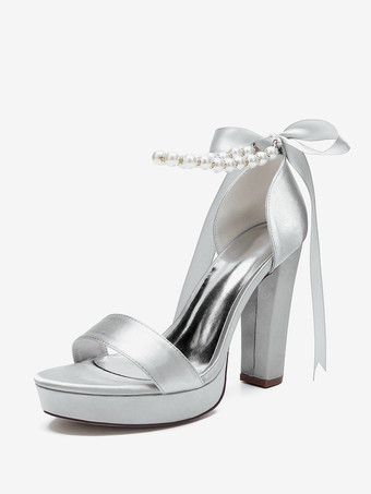 シルバー ハイヒール ウェディングシューズ プラットフォーム パール レースアップ ボウ アンクルストラップ パーティーシューズ