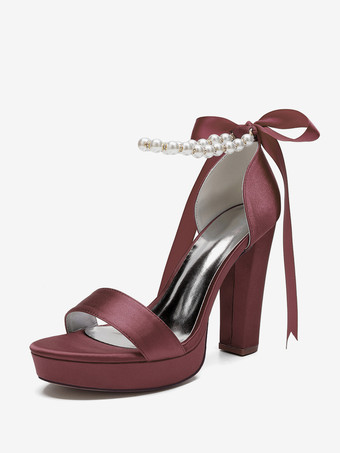 ワインレッド ハイヒール ウェディングシューズ プラットフォーム パール レースアップ ボウ アンクルストラップ パーティーシューズ