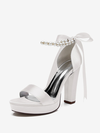 アイボリーハイヒール ウェディングシューズ プラットフォーム パール レースアップ ボウ アンクルストラップ パーティーシューズ