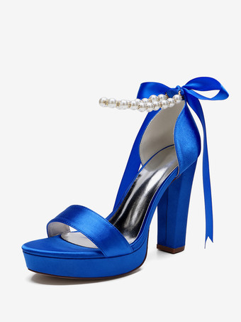 ブルー ハイヒール ウェディングシューズ プラットフォーム パール レースアップ ボウ アンクルストラップ パーティーシューズ