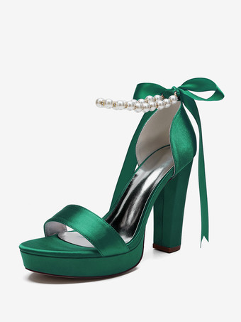 グリーン ハイヒール ウェディングシューズ プラットフォーム パール レースアップ ボウ アンクルストラップ パーティーシューズ