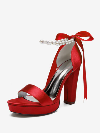 レッド ハイヒール ウェディングシューズ プラットフォーム パール レースアップ ボウ アンクルストラップ パーティーシューズ