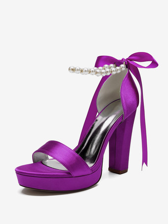 パープル ハイヒール ウェディングシューズ プラットフォーム パール レースアップ ボウ アンクルストラップ パーティーシューズ