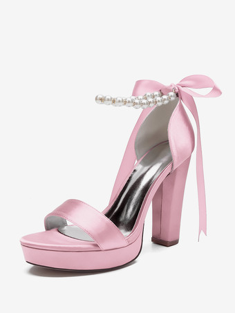ピンクハイヒール ウェディングシューズ プラットフォーム パール レースアップ ボウ アンクルストラップ パーティーシューズ