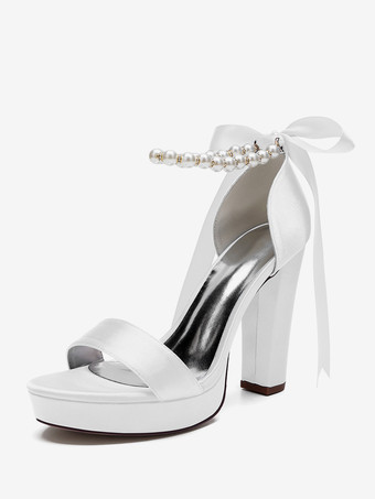 ホワイト ハイヒール ウェディングシューズ プラットフォーム パール レースアップ ボウ アンクルストラップ パーティーシューズ