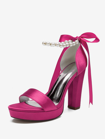 ローズレッドハイヒール ウェディングシューズ プラットフォーム パール レースアップ ボウ アンクルストラップ パーティーシューズ